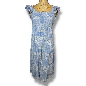 Sonoma Maternity Size M Blue White Paisley Smocked Midi Ruffle Sleeve Dress $60